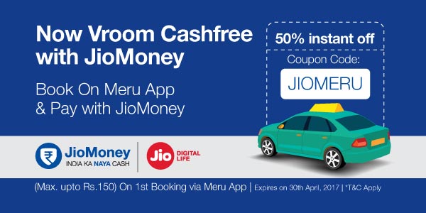 Get 50% instant Off on Meru App with Jiomoney